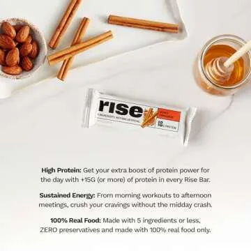 Rise Whey Protein Bars - Honey Cinnamon | Breakfast Bar & Protein Snack 18g Protein 4g Fiber Just 5 Whole Food Ingredients Gluten-Free Soy Free