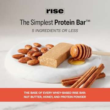 Rise Whey Protein Bars - Honey Cinnamon | Breakfast Bar & Protein Snack 18g Protein 4g Fiber Just 5 Whole Food Ingredients Gluten-Free Soy Free