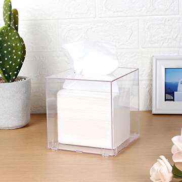 Tissue Box Holder,Clear Tissue Box Snap-on Assembly,No Pungent Smell of Acrylic Square Facial Tissue Holders for Bathrooms,Offices and Kitchens,Nice Room Décor (Clear)