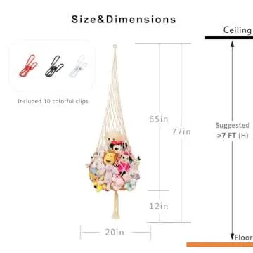 Novel Stuffed Animal Net or Hammock Macrame Toy Display- 6.5ft H,One Hook! Perfect for The Tiny Space in Corner,Wall Ceiling Hanging Net, Stuffies Animal Storage for Kid Room Bedroom Playroom Decor