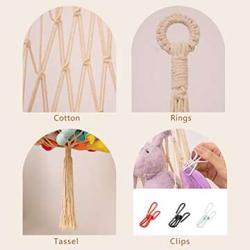 Novel Stuffed Animal Net or Hammock Macrame Toy Display- 6.5ft H,One Hook! Perfect for The Tiny Space in Corner,Wall Ceiling Hanging Net, Stuffies Animal Storage for Kid Room Bedroom Playroom Decor