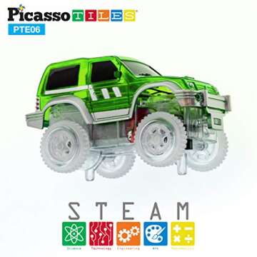 PicassoTiles 3 pcs Magnetic Toy Car Set Light Up LED Highly Detailed Compatible with Magnet Race Tra...