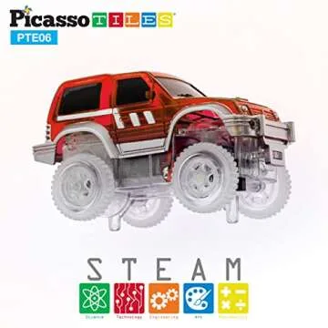 PicassoTiles 3 pcs Magnetic Toy Car Set Light Up LED Highly Detailed Compatible with Magnet Race Track STEM Truck Replacement Accessories Educational Building Kits for Toddlers Boys & Girls Ages 3+