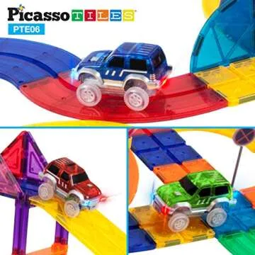 PicassoTiles 3 pcs Magnetic Toy Car Set Light Up LED Highly Detailed Compatible with Magnet Race Track STEM Truck Replacement Accessories Educational Building Kits for Toddlers Boys & Girls Ages 3+