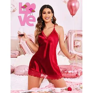 Avidlove Red Lingerie for Women Satin Lace Chemise Valentines Day Nightgown Sexy Full Slips Sleepwear (Medium, 1Red)