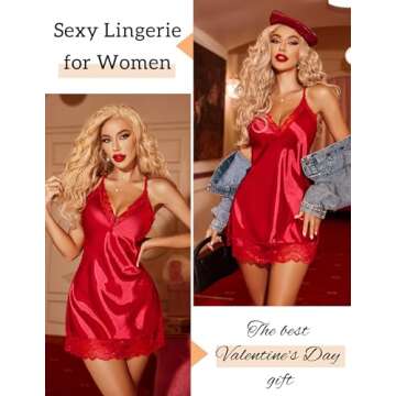 Avidlove Red Lingerie for Women Satin Lace Chemise Valentines Day Nightgown Sexy Full Slips Sleepwear (Medium, 1Red)