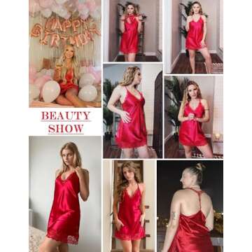 Avidlove Red Lingerie for Women Satin Lace Chemise Valentines Day Nightgown Sexy Full Slips Sleepwear (Medium, 1Red)