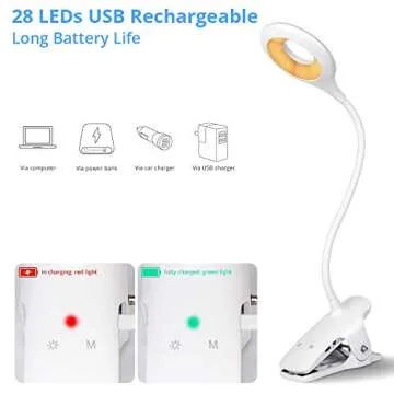 Orhiobu Reading Light, Rechargeable Book Light, 3 Lighting Color Desk Lamp, 3 Brightness Desk Light, 28 LEDs Night Light Clip On Bed/Headboard for Reading, Computer Lighting...