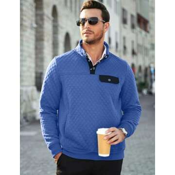 JMIERR Men's Fall Quilted Sweatshirt Casual Long Sleeve Outdoor Crew Neck Button Pullover Sweaters L...