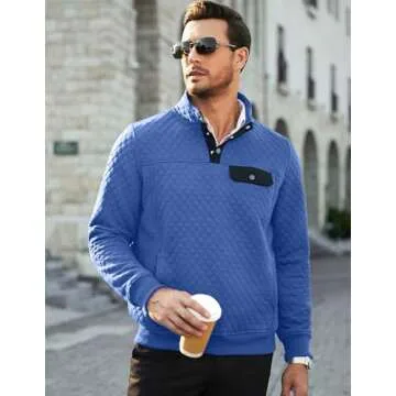 JMIERR Men's Fall Quilted Sweatshirt Casual Long Sleeve Outdoor Crew Neck Button Pullover Sweaters Lightweight Sweatshirts with Pockets, US 40(M), Sky Blue