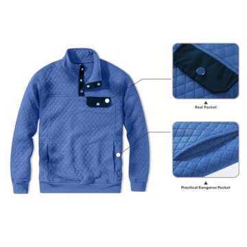 JMIERR Men's Fall Quilted Sweatshirt Casual Long Sleeve Outdoor Crew Neck Button Pullover Sweaters Lightweight Sweatshirts with Pockets, US 40(M), Sky Blue
