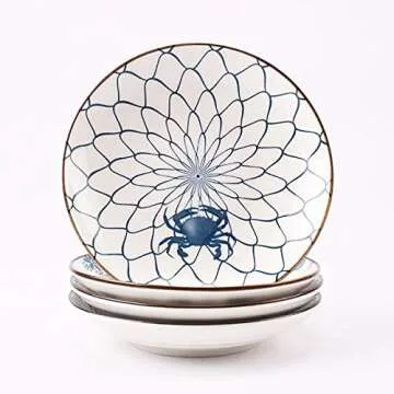 YALONG Ceramic Japanese Dinner Plates Set 7 Inch Appetizer Shallow Plates Serving Lunches, Cheese Salad, Dessert Set of 4 Assorted Motifs Microwave & Dishwasher Safe