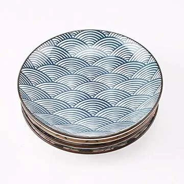 YALONG Ceramic Japanese Dinner Plates Set 7 Inch Appetizer Shallow Plates Serving Lunches, Cheese Salad, Dessert Set of 4 Assorted Motifs Microwave & Dishwasher Safe