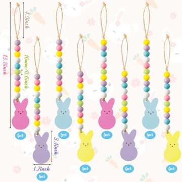 WATINC 8pcs Easter Wood Bead Garland with Tassels, Peeps Bunny Wooden Hanging Ornament Decoration, D...