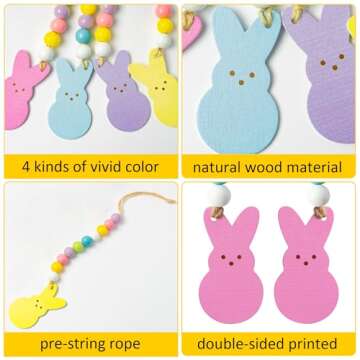 WATINC 8pcs Easter Wood Bead Garland with Tassels, Peeps Bunny Wooden Hanging Ornament Decoration, Double-Sided Colorful Rabbit Pendant Hang Decor with Rope for Easter Spring Holiday Party Tree Wall