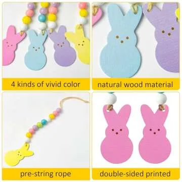 WATINC 8pcs Easter Wood Bead Garland with Tassels, Peeps Bunny Wooden Hanging Ornament Decoration, Double-Sided Colorful Rabbit Pendant Hang Decor with Rope for Easter Spring Holiday Party Tree Wall