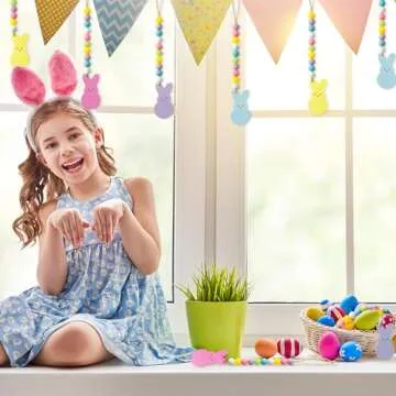 WATINC 8pcs Easter Wood Bead Garland with Tassels, Peeps Bunny Wooden Hanging Ornament Decoration, Double-Sided Colorful Rabbit Pendant Hang Decor with Rope for Easter Spring Holiday Party Tree Wall