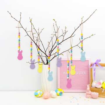 WATINC 8pcs Easter Wood Bead Garland with Tassels, Peeps Bunny Wooden Hanging Ornament Decoration, Double-Sided Colorful Rabbit Pendant Hang Decor with Rope for Easter Spring Holiday Party Tree Wall