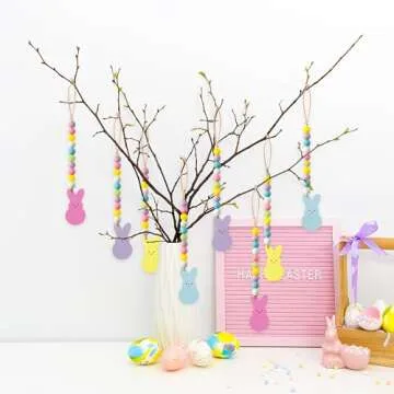 WATINC 8pcs Easter Wood Bead Garland with Tassels, Peeps Bunny Wooden Hanging Ornament Decoration, Double-Sided Colorful Rabbit Pendant Hang Decor with Rope for Easter Spring Holiday Party Tree Wall