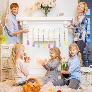 WATINC 8pcs Easter Wood Bead Garland with Tassels, Peeps Bunny Wooden Hanging Ornament Decoration, Double-Sided Colorful Rabbit Pendant Hang Decor with Rope for Easter Spring Holiday Party Tree Wall