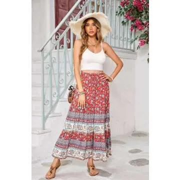 R.Vivimos Womens Summer Cotton Vintage Floral Print Boho Casual Ruffled Flowy Maxi Skirt