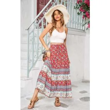 R.Vivimos Womens Summer Cotton Vintage Floral Print Boho Casual Ruffled Flowy Maxi Skirt