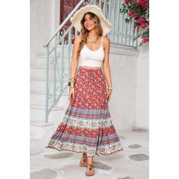 R.Vivimos Womens Summer Cotton Vintage Floral Print Boho Casual Ruffled Flowy Maxi Skirt