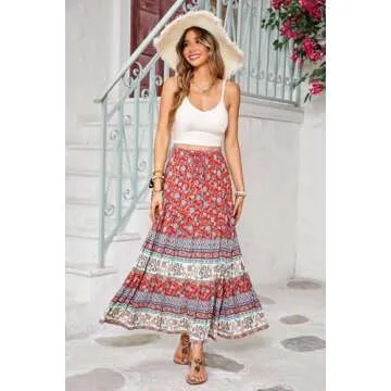 R.Vivimos Womens Summer Cotton Vintage Floral Print Boho Casual Ruffled Flowy Maxi Skirt