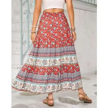 R.Vivimos Womens Summer Cotton Vintage Floral Print Boho Casual Ruffled Flowy Maxi Skirt