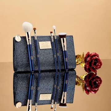 Sigma Beauty Disney's Beauty and the Beast Makeup Brush Set - Limited Edition, 5 Blue Brushes & Beauty Bag, Premium Synthetic Fibers, Durable Handles for Face & Eyes