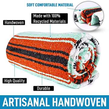 Authentic Extra Large Mexican Blanket - 70"x50" Handwoven Yoga, Serape, Artisanal Falsa, Beach, Camping, Picnic, Outdoor Blanket (Mint Orange)