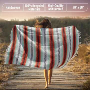 Authentic Extra Large Mexican Blanket - 70"x50" Handwoven Yoga, Serape, Artisanal Falsa, Beach, Camping, Picnic, Outdoor Blanket (Mint Orange)