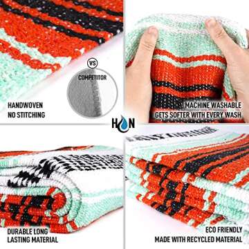 Authentic Extra Large Mexican Blanket - 70"x50" Handwoven Yoga, Serape, Artisanal Falsa, Beach, Camping, Picnic, Outdoor Blanket (Mint Orange)