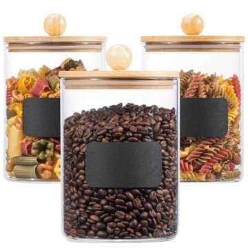 Set of 3 Tall Glass Kitchen Canisters with Airtight bamboo Lids - Kitchen Organization and Food Stor...