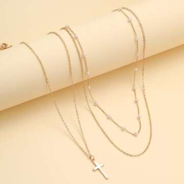 Gold Layered Pearl Necklaces for Women, Dainty Pearl Cross Necklace Pearl Choker Chain Jewelry for W...