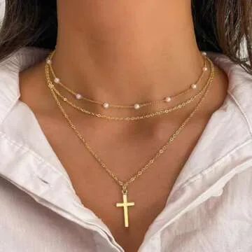Gold Layered Pearl Necklaces for Women, Dainty Pearl Cross Necklace Pearl Choker Chain Jewelry for Women