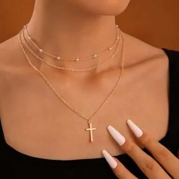 Gold Layered Pearl Necklaces for Women, Dainty Pearl Cross Necklace Pearl Choker Chain Jewelry for Women