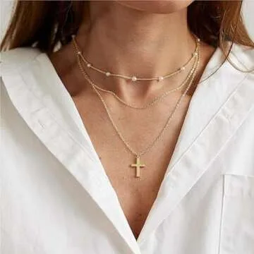 Gold Layered Pearl Necklaces for Women, Dainty Pearl Cross Necklace Pearl Choker Chain Jewelry for Women