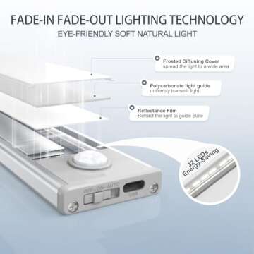 Under Cabinet Lighting, 4 Pack Motion Sensor Light Indoor, Wireless USB Rechargeable Magnetic Closet Lights, 32 LED Under Counter Lights for Kitchen, Wardrobe, Hallway, Stairs, 8 inch White Light