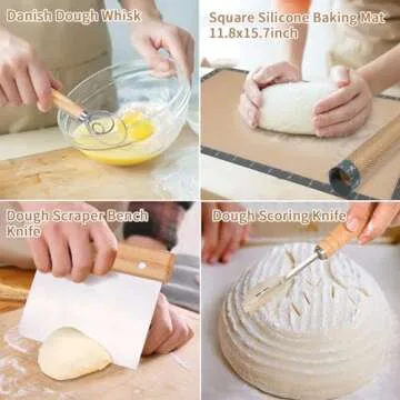 Bread Making Tools and Supplies, Set of 7, inclued Silicone Pastry Mat, Round Baking Mat, Sourdough Danish Dough Whisk, Bread Lame Dough Scoring, Bread Scraper Dough Cutter, Perfects Gift for Baker