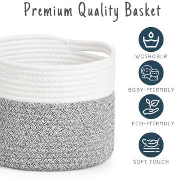 ZLG Small Woven Basket for Baby Toy, 9.4 x 7.1 inches 8L Round Cotton Rope Basket, Toy Storage Basket, Baby Cloest Storage Basket, Grey