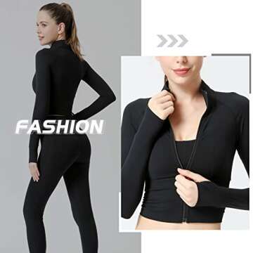 Women's Crop Top Long Sleeve Workout Shirts Full Zip Yoga Shirts for Women with Thumb Hole Sun Protection Tops Black