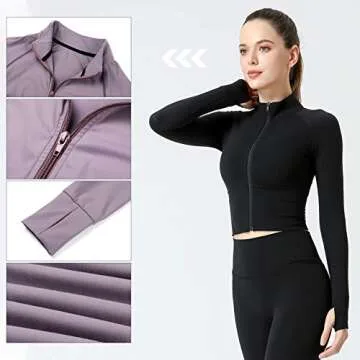 Women's Crop Top Long Sleeve Workout Shirts Full Zip Yoga Shirts for Women with Thumb Hole Sun Protection Tops Black
