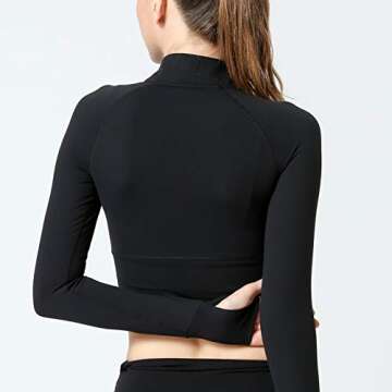 Women's Crop Top Long Sleeve Workout Shirts Full Zip Yoga Shirts for Women with Thumb Hole Sun Protection Tops Black