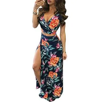 Aro Lora Women's Sexy V Neck Floral Printed Side Slit Two-Piece Maxi Dress Medium Multicolor