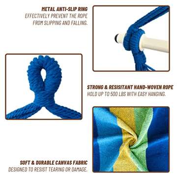Highwild Hammock Chair Hanging Rope Swing - Max 500 Lbs - 2 Cushions Included - Steel Spreader Bar with Anti-Slip Rings - for Any Indoor or Outdoor Spaces (Blue Striped)