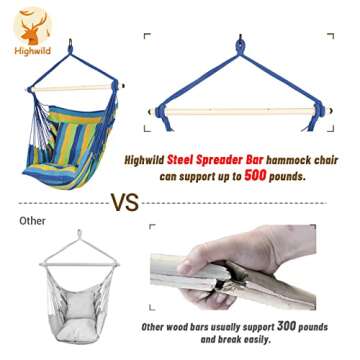 Highwild Hammock Chair Hanging Rope Swing - Max 500 Lbs - 2 Cushions Included - Steel Spreader Bar with Anti-Slip Rings - for Any Indoor or Outdoor Spaces (Blue Striped)