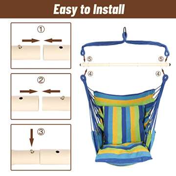 Highwild Hammock Chair Hanging Rope Swing - Max 500 Lbs - 2 Cushions Included - Steel Spreader Bar with Anti-Slip Rings - for Any Indoor or Outdoor Spaces (Blue Striped)