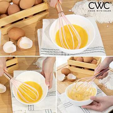 COOK WITH COLOR Silicone Whisks for Cooking, Stainless Steel Wire Whisk Set of Two - 10” and 12”, Heat Resistant Kitchen Whisks, Balloon Whisk for Nonstick Cookware - Rose Gold and Pink