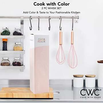 COOK WITH COLOR Silicone Whisks for Cooking, Stainless Steel Wire Whisk Set of Two - 10” and 12”, Heat Resistant Kitchen Whisks, Balloon Whisk for Nonstick Cookware - Rose Gold and Pink